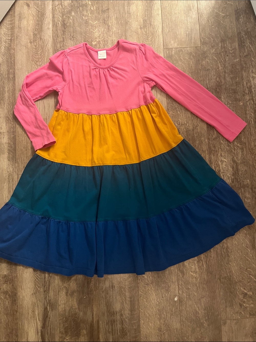 Hanna Andersson Pink, Yellow, Teal & Blue Tiered Long Sleeve Dress Size 10